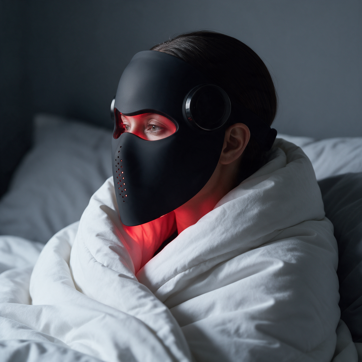 Woman wrapped in a duvet wearing the black Luxen Veil