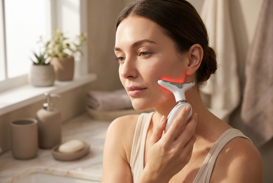 Woman gently pressing the Luxen Sculpt & Glow Wand against her jawline