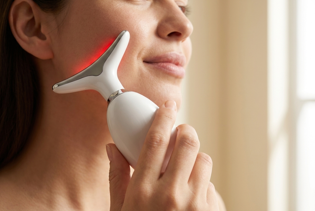 Hand holding the Luxen Sculpt & Glow Wand near the face, testimonial-style close-up