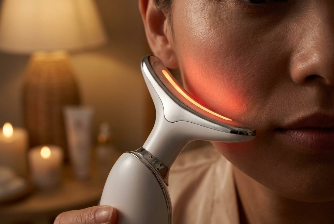 Luxen Sculpt & Glow Wand glowing with red LED light against skin