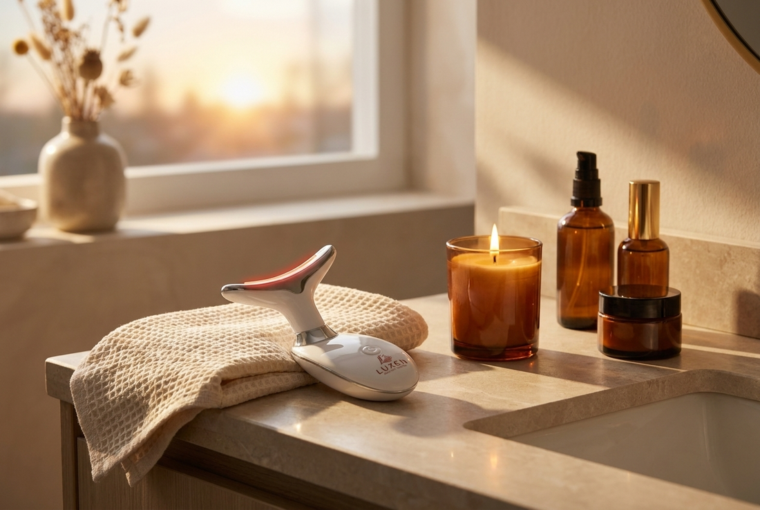 Luxen Sculpt & Glow Wand resting on a bathroom counter as part of an evening routine