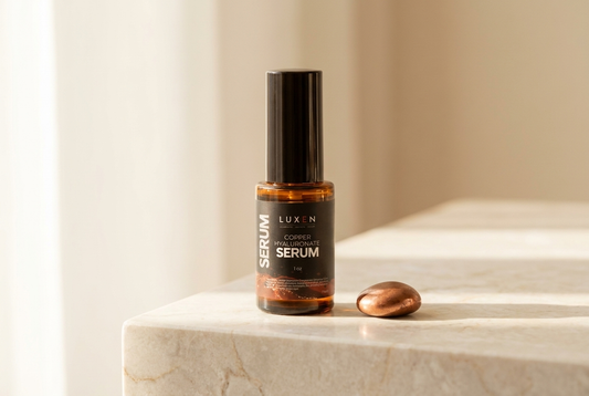 PRE-LIGHT Copper Peptide Serum bottle, editorial product photo