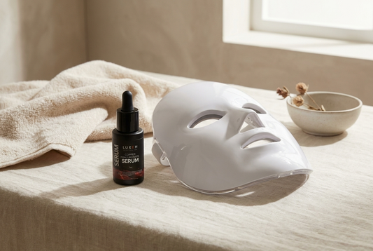 PRE-LIGHT Copper Peptide Serum paired with the Luxen Veil laser mask