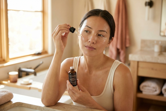 Applying PRE-LIGHT Copper Peptide Serum as part of an evening skincare routine