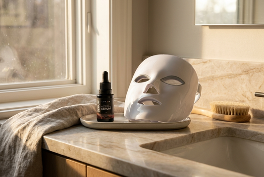 PRE-LIGHT Copper Peptide Serum and Luxen Veil mask on a bathroom counter at golden hour