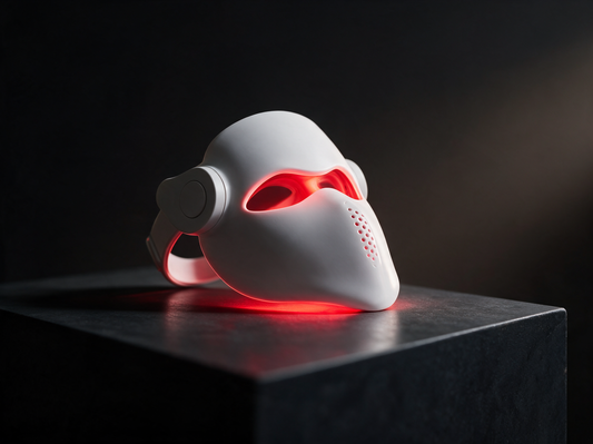 Luxen Veil laser mask on a dark charcoal pedestal, premium editorial product photo