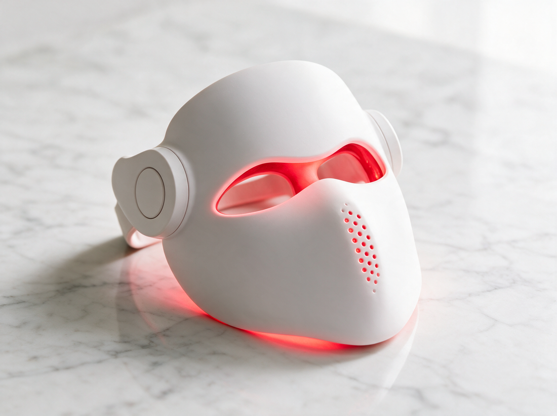 Luxen Veil laser mask on white marble, clean premium product photo