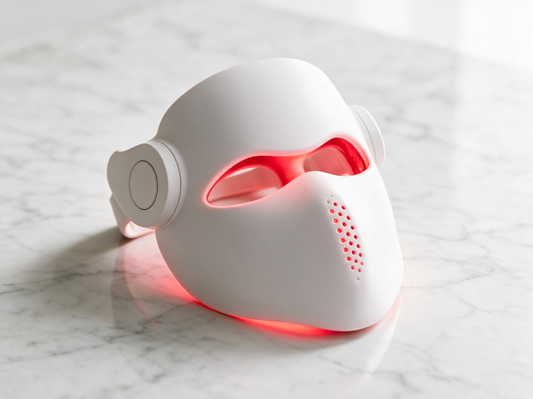 Luxen Veil laser mask on white marble, clean premium product photo