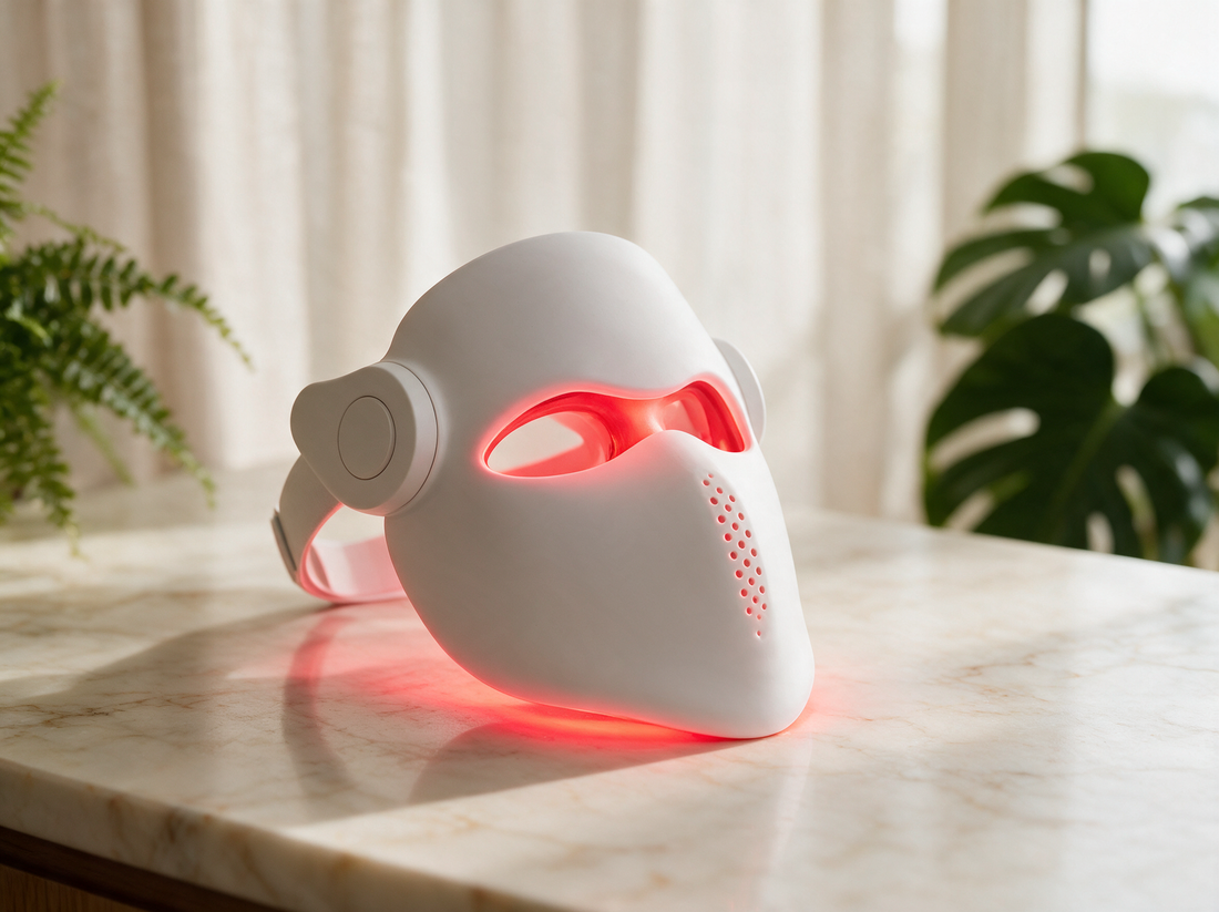 Luxen Veil laser mask on cream marble countertop, premium product photo