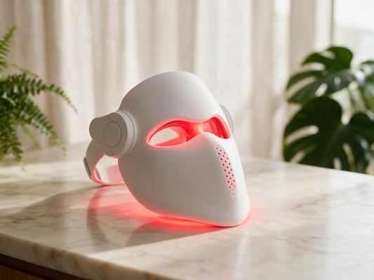 Luxen Veil laser mask on cream marble countertop, premium product photo