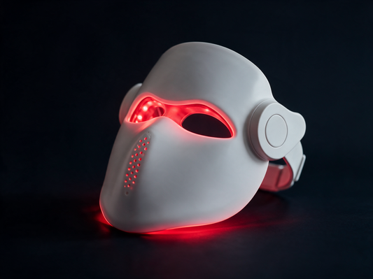 Luxen Veil laser mask with a subtle red glow against a dark background