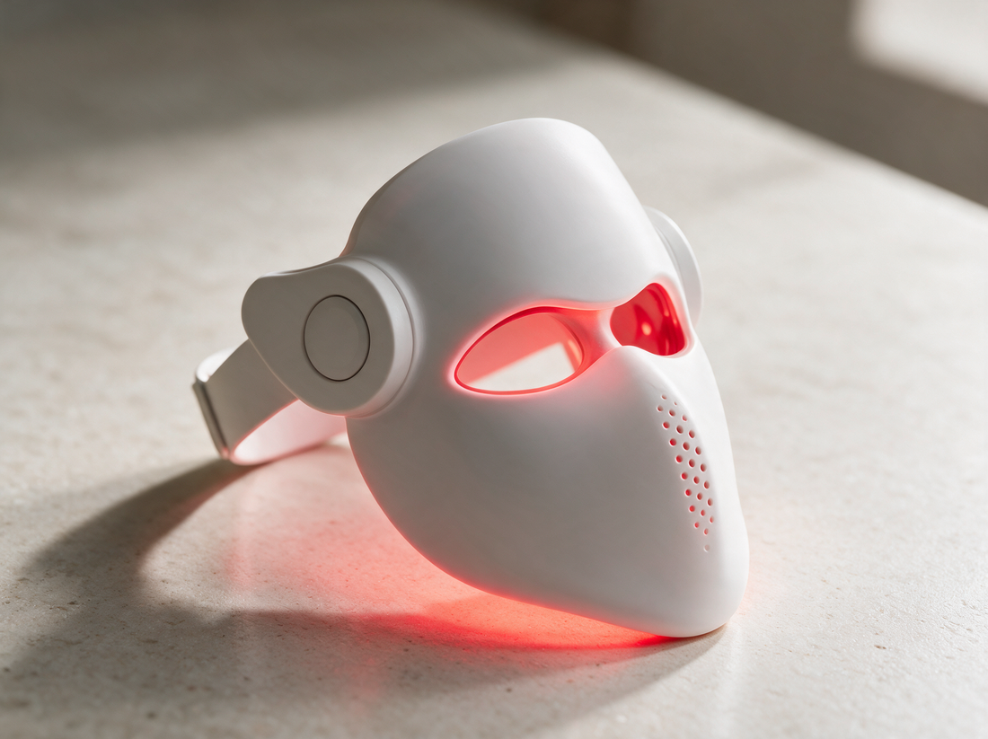 Luxen Veil laser mask at a three-quarter angle on pale stone, premium product photo
