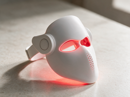 Luxen Veil laser mask at a three-quarter angle on pale stone, premium product photo