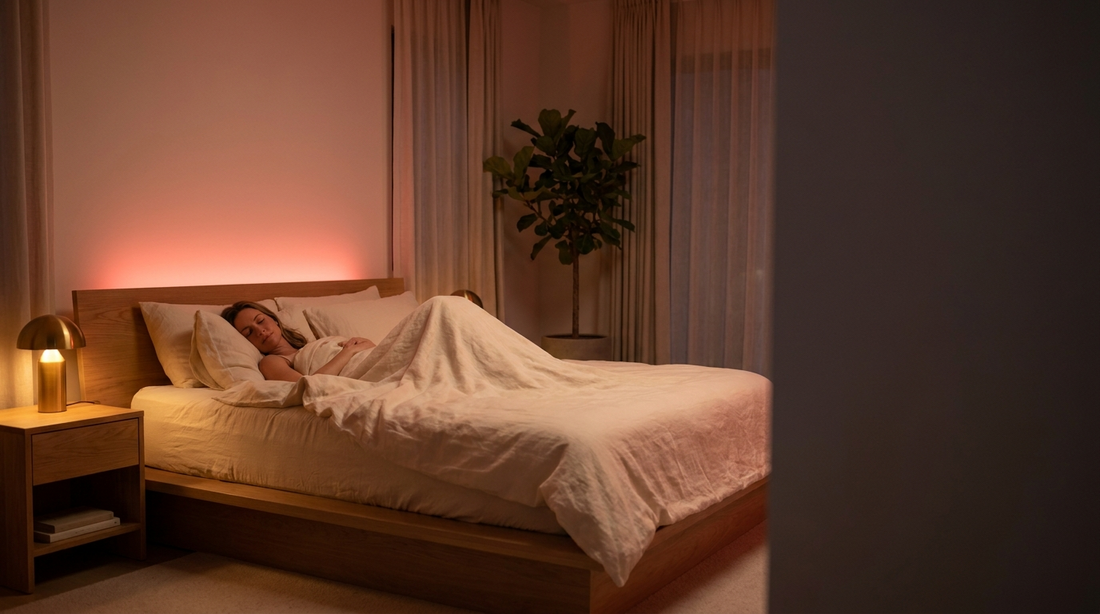 A woman resting peacefully in a dimly lit bedroom bathed in a soft warm red glow, evoking a calm evening sleep ritual
