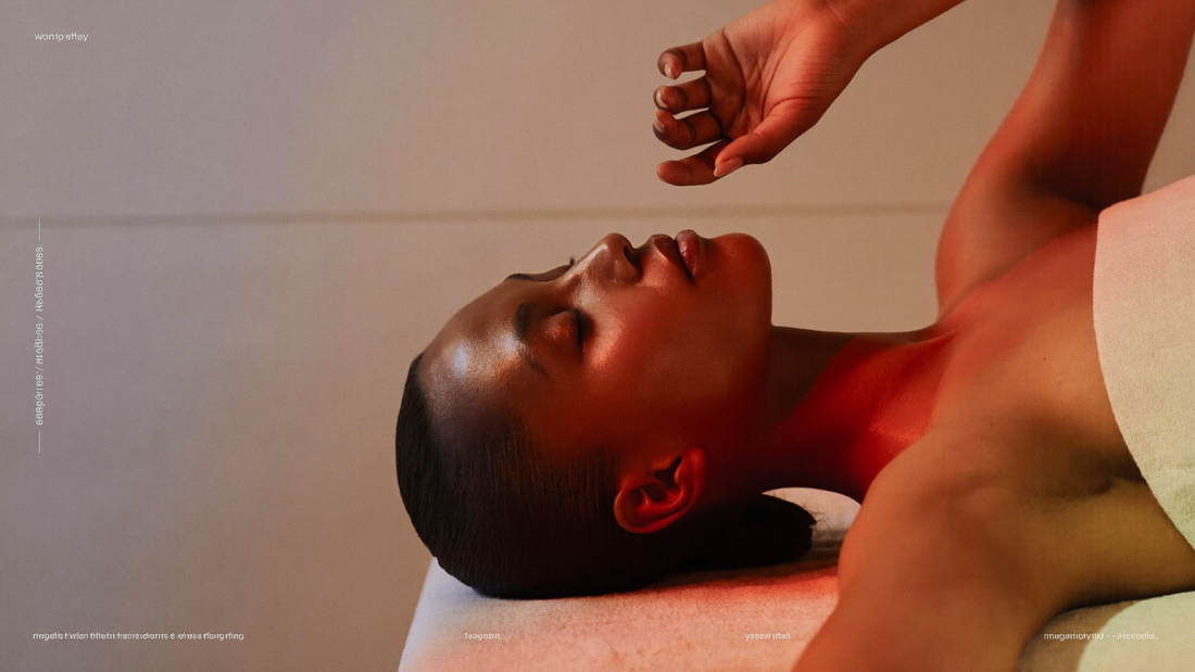 Woman with luminous skin bathed in warm red and soft blue therapeutic light, illustrating red light vs blue light therapy