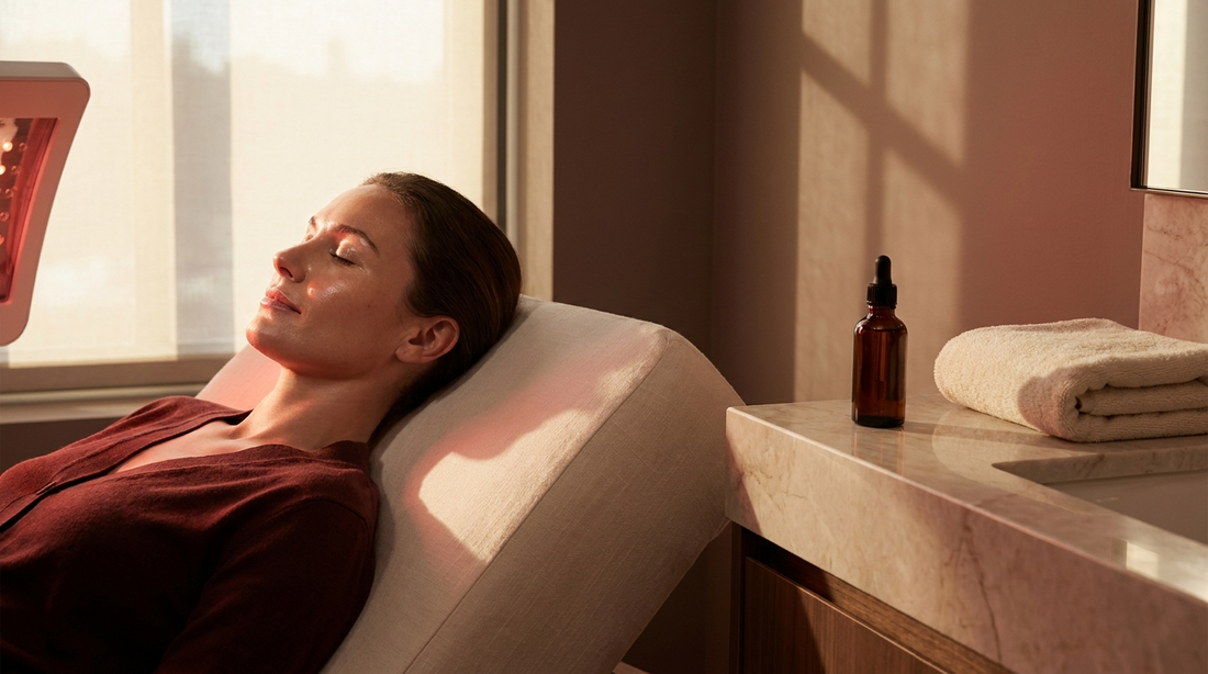 Woman with glowing skin relaxing in warm spa light beside an amber serum bottle, illustrating a red light therapy and retinol skincare routine