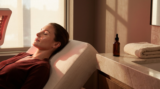 Woman with glowing skin relaxing in warm spa light beside an amber serum bottle, illustrating a red light therapy and retinol skincare routine