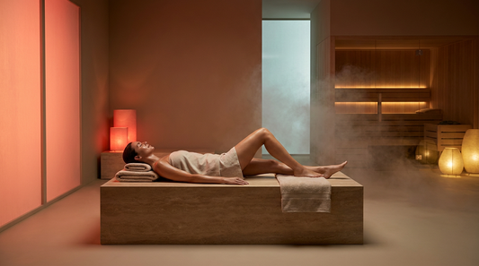 Woman relaxing in warm red therapeutic light in a serene spa setting, illustrating red light therapy versus infrared sauna