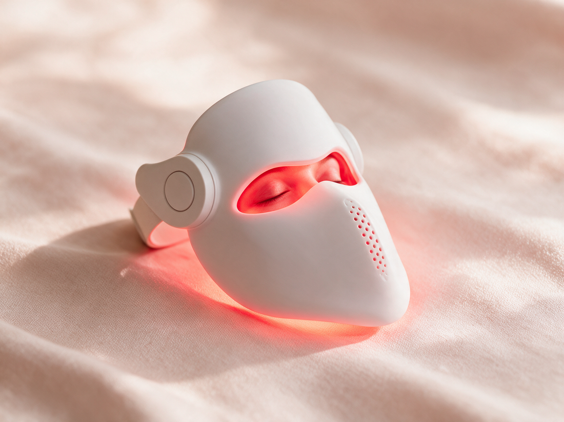 Luxen Veil laser mask on soft blush fabric, gentle premium product photo