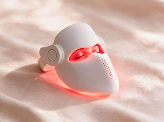 Luxen Veil laser mask on soft blush fabric, gentle premium product photo