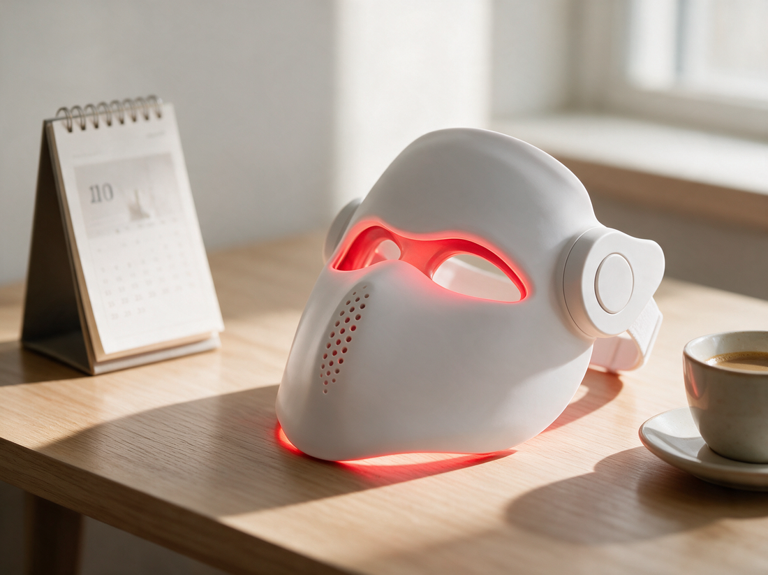 Luxen Veil laser mask beside a desk calendar and coffee, premium product photo