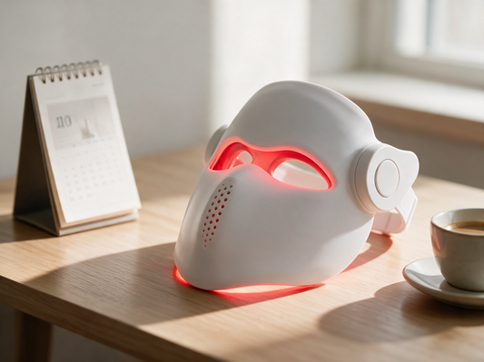 Luxen Veil laser mask beside a desk calendar and coffee, premium product photo