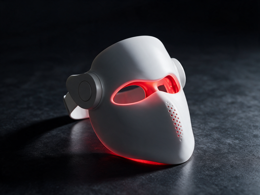 Luxen Veil laser mask on dark charcoal surface, moody premium product photo