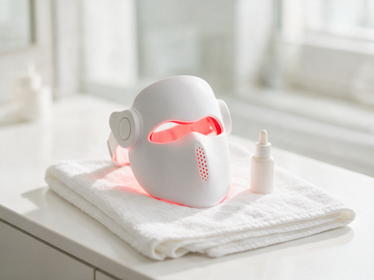 Luxen Veil laser mask on a fresh white towel, clean premium product photo