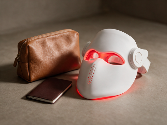 Luxen Veil laser mask beside a travel pouch and passport, premium product photo