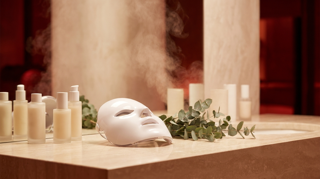 Warm red-lit spa vanity with an LED face mask and skincare bottles in an elegant wellness setting