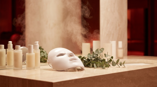 Warm red-lit spa vanity with an LED face mask and skincare bottles in an elegant wellness setting