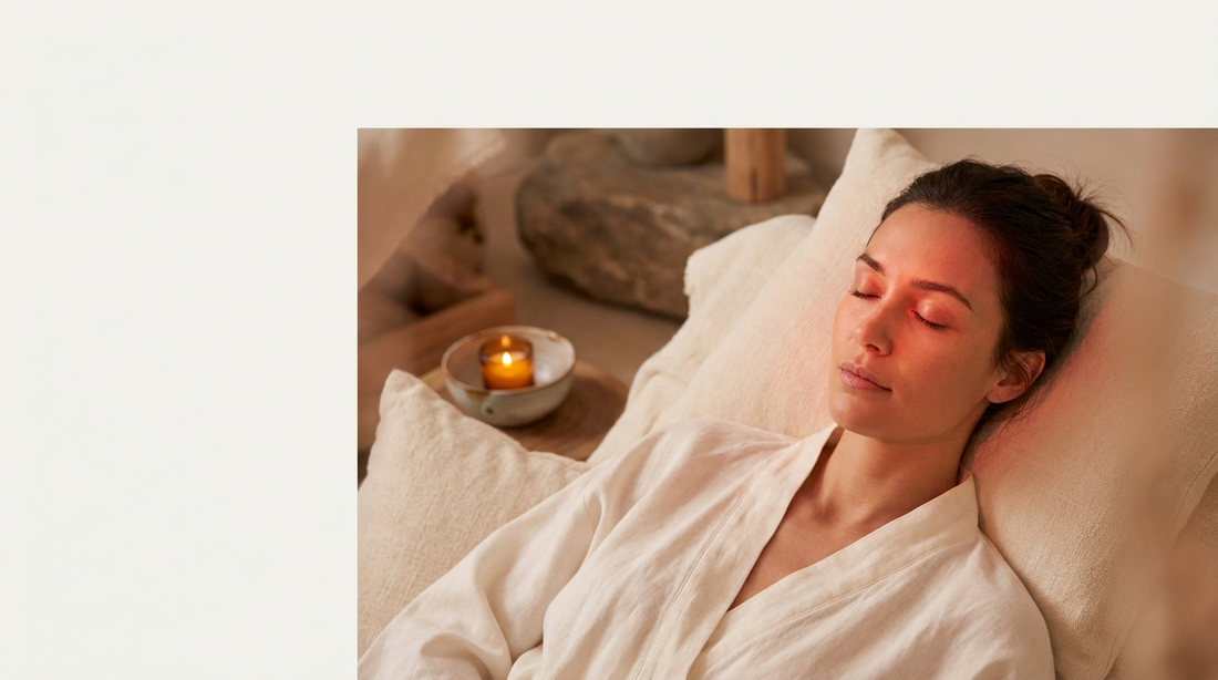Serene woman relaxing in warm red ambient light during an at-home red light therapy session