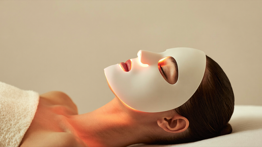 Woman relaxing in a warm, softly lit spa setting wearing a glowing light therapy face mask