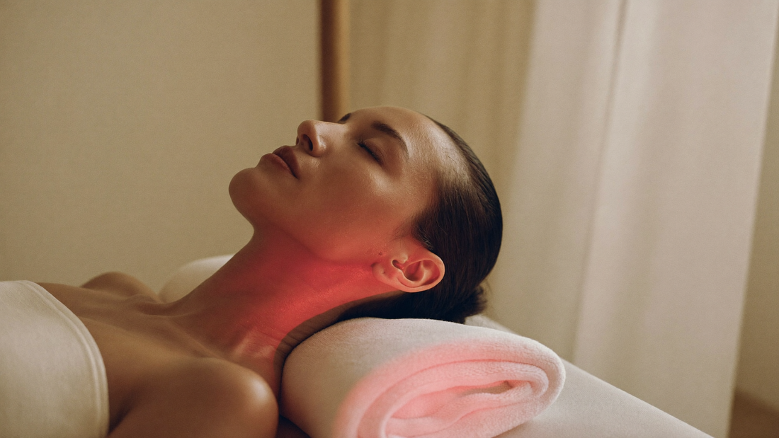 Woman with mature skin relaxing under warm red light in an elegant spa setting