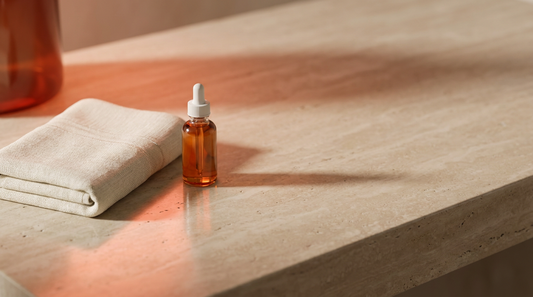 Warm red-lit minimalist spa vanity with travertine stone, linen towel and serum bottle