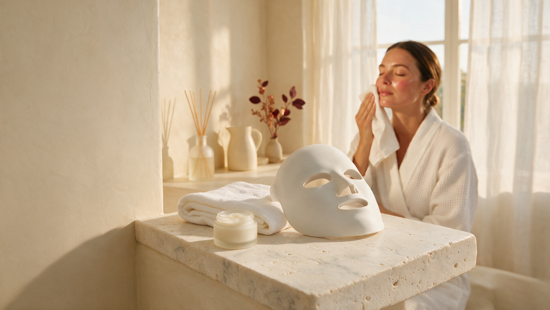 Serene spa vanity with a white light therapy mask, linen towel and balm in warm light, woman with calm post-treatment skin in the background