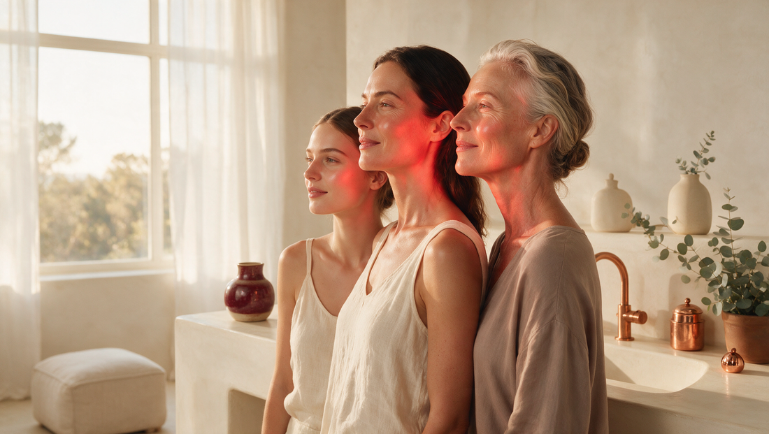 Three women of different ages with luminous skin at a cream vanity under warm red light