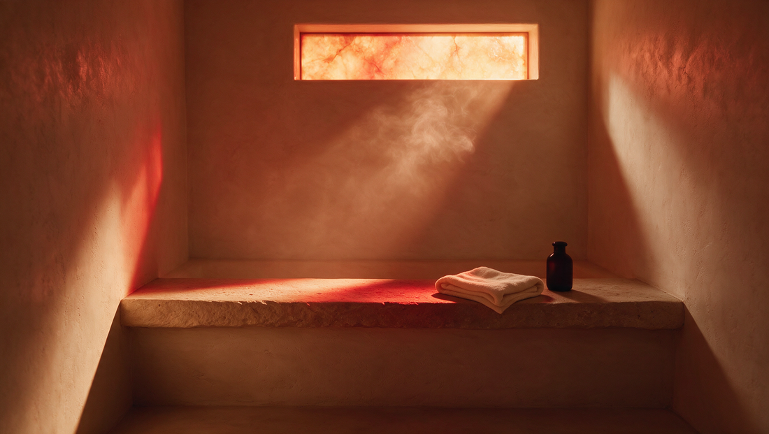 Warm red-lit minimalist spa interior with cream plaster walls, linen towel and dark glass bottle on a stone ledge