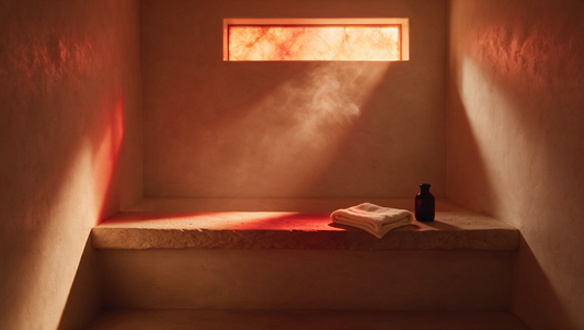 Warm red-lit minimalist spa interior with cream plaster walls, linen towel and dark glass bottle on a stone ledge