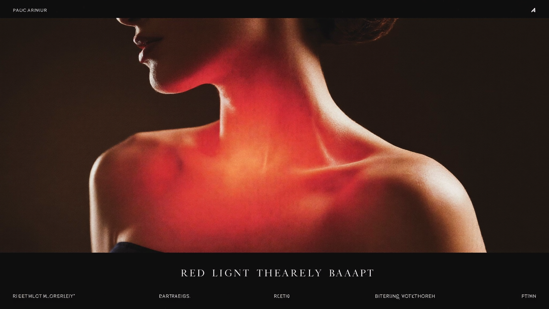 Neck, jawline and décolletage lit by warm red therapeutic light in an editorial beauty portrait