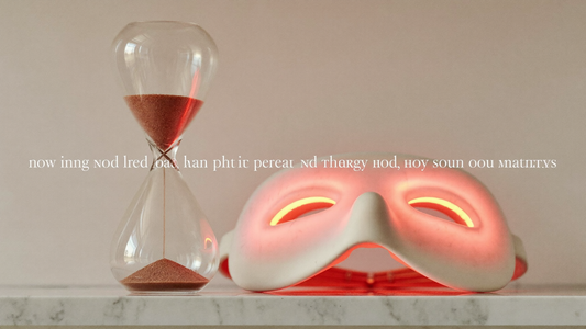 Hourglass and LED face mask on a marble shelf in warm light, illustrating red light therapy results timeline