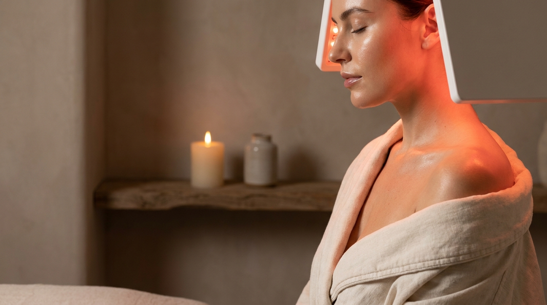 Woman relaxing in a warm red light therapy glow during an at-home spa wellness session