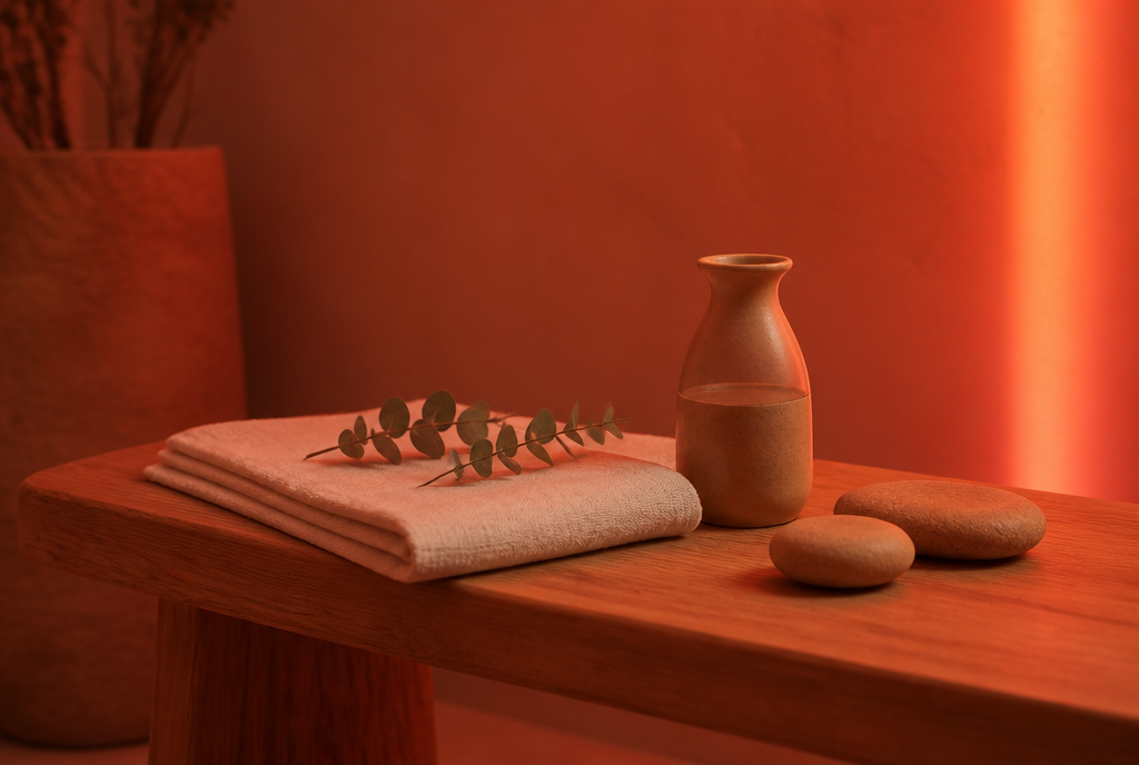 Warm red-lit minimalist wellness studio with oak bench, linen towel, stones and eucalyptus