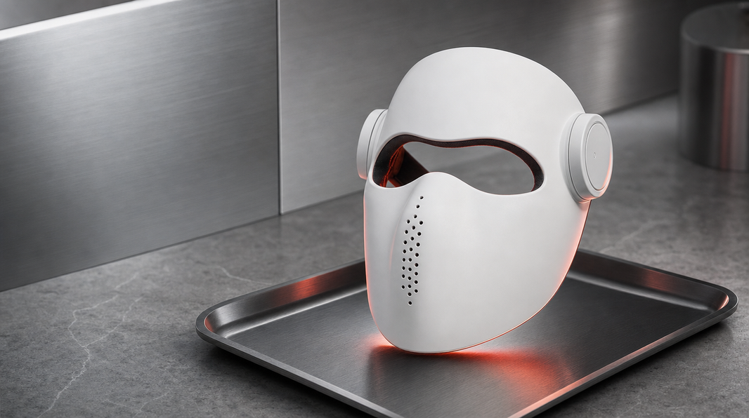 Luxen Veil laser light therapy mask glowing red on a brushed-steel tray