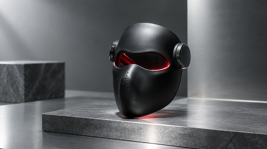 Luxen Veil Laser Mask on a brushed steel and grey stone surface with a soft red LED glow