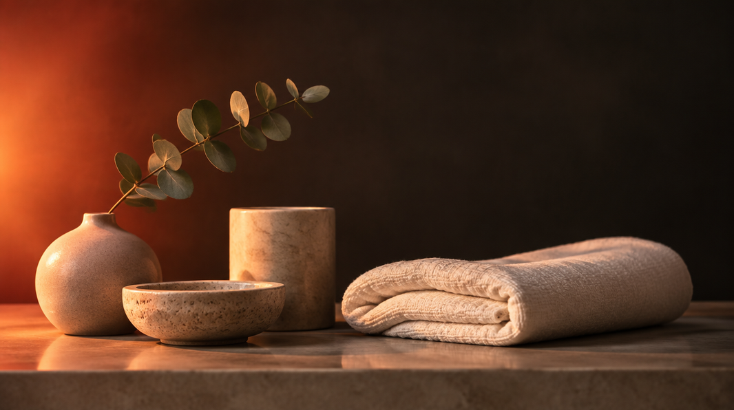 Warm red and amber therapeutic light washing over a minimalist spa vanity scene with ceramic objects, linen towel, and eucalyptus