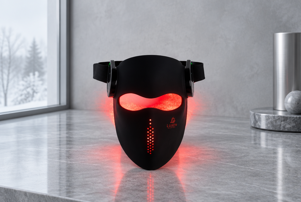 Luxen Veil laser mask resting on grey stone in cool winter daylight, its red diodes casting the only warm glow in the scene
