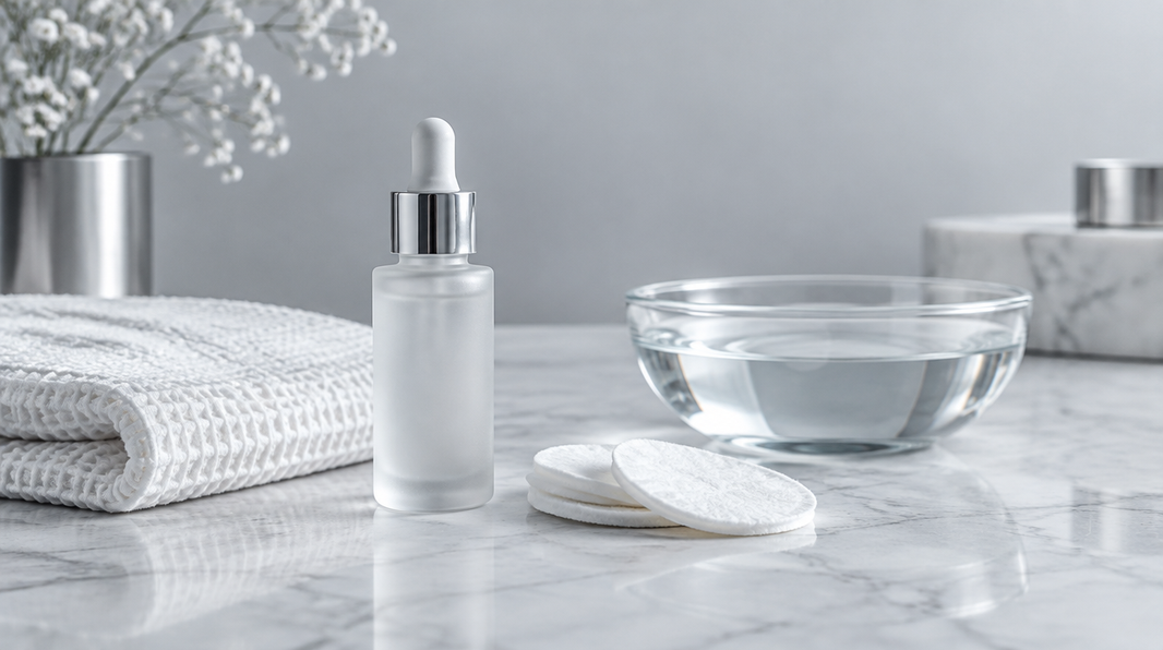 White marble and chrome vanity with serum bottle, towel, and cotton pads in cool grey daylight