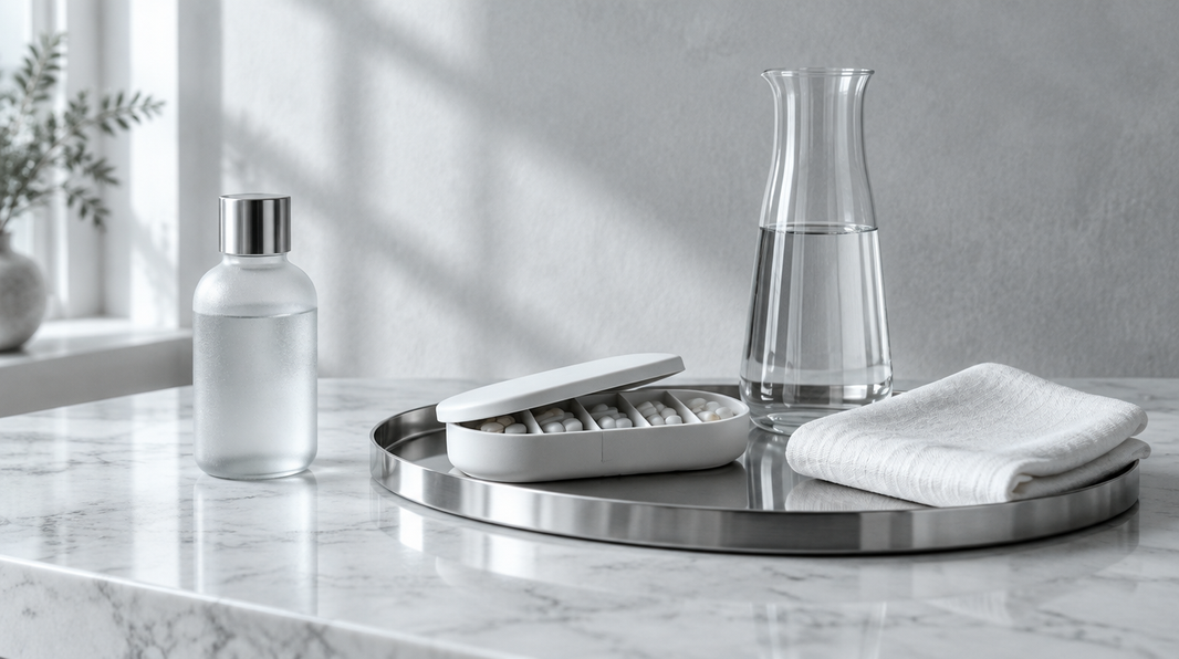 Minimalist grey and white vanity scene with a chrome tray, pill organizer, and glass carafe in soft daylight
