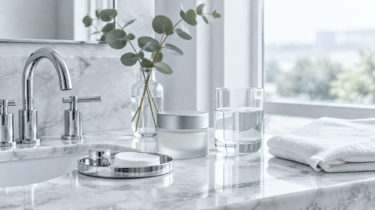 Clean white marble bathroom vanity with chrome and glass accents in soft cool daylight